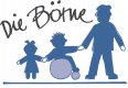 Das Logo der Börne: Schriftzug Die Börne und als Skizze darunter kleines Mädchen, Junge im Rollstuhl und ein Mann fassen sich an die Hände